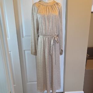 LOFT Cream Long-Sleeve Dress with Tie Waist